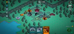 A hex citadel on green ground with towers, farms and troops beside a lake, with cards in hand below