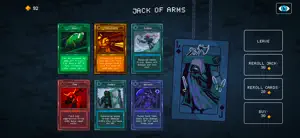 The Jack of Arms shop offering six cards with reroll and buy options