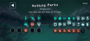 The Nothing Perks screen — your base can now level up five more times — with a grid of perk icons