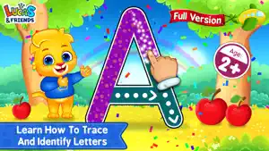 Lucas the lion beside a dotted capital A traced with a finger, under a Full Version badge and an Age 2+ tag