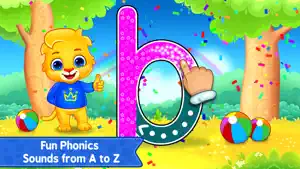 Lowercase b traced in pink while Lucas the lion gives a thumbs-up, captioned Fun Phonics Sounds from A to Z