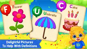 Three picture cards, F for flower, U for umbrella and C for cake, with Lucas the lion in the corner