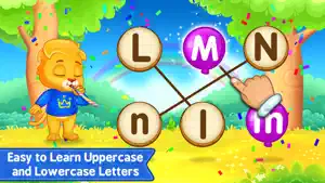 Matching game linking capital L, M and N to lowercase letters on wooden discs, a finger dragging a line from m