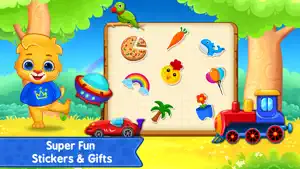 Sticker board with pizza, carrot, rainbow, palm tree and balloon stickers above a toy train and car