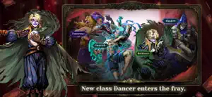 The Dancer class portrait beside a purple-and-red battle scene — New Class Dancer Enters the Fray