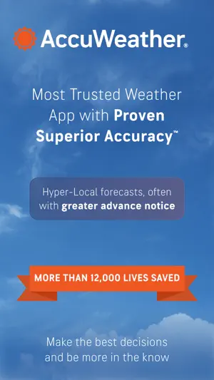 AccuWeather title card claiming proven Superior Accuracy, with a More than 12,000 lives saved banner
