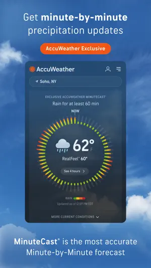 MinuteCast dial for Soho, New York reading Rain for at least 60 min, 62°F with RealFeel 60°