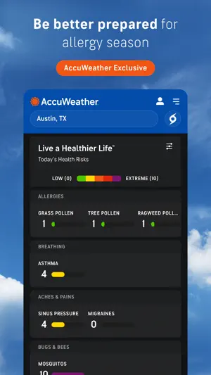 Live a Healthier Life panel for Austin, Texas rating pollen, asthma, sinus pressure and mosquitoes on a 0–10 scale