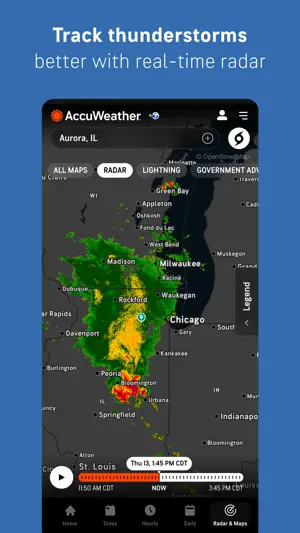 Radar map over Aurora, Illinois with a storm band near Chicago and a timeline running to 3:45 PM