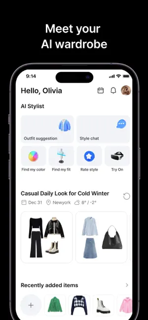 Home screen with an AI Stylist panel offering Outfit suggestion, Style chat, Find my color, Find my fit, Rate style and Try On, above a cold-winter daily look and recently added items.
