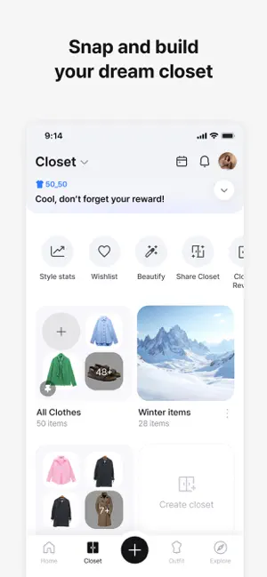 Closet tab showing All Clothes with 50 items and a Winter items collection, with shortcuts for Style stats, Wishlist, Beautify and Share Closet.