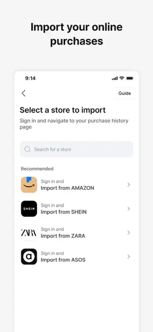 Import screen titled Select a store to import, listing Amazon, SHEIN, ZARA and ASOS as stores to sign in to and import purchase history from.