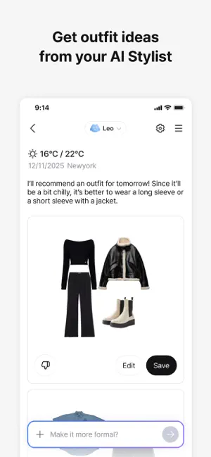 AI Stylist chat recommending a long-sleeve top, trousers, a jacket and boots for 16 and 22 degrees Celsius, with a Make it more formal prompt box.