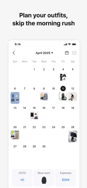 Outfit calendar for April 2025 with outfit thumbnails on several days and summary tiles for 40 OOTD entries, most worn item and $999 in expenses.