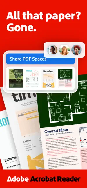 Red promo frame with the headline All that paper? Gone., a blue Share PDF Spaces bar with three avatars and four document thumbnails over floor-plan pages