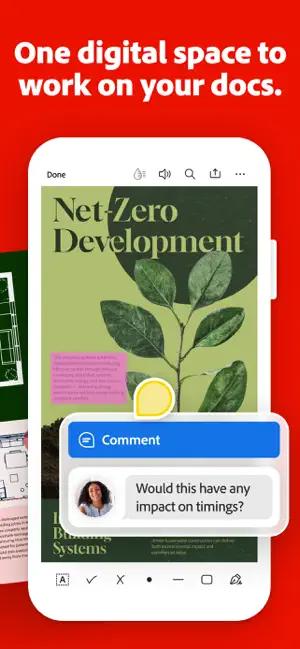 Report page open in the reader with a yellow comment pin and a blue Comment popup showing a reply about timings, annotation tools along the bottom