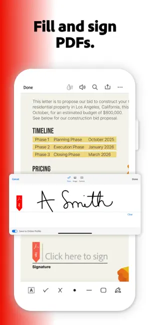 Fill and sign screen with a handwritten A Smith signature in the Draw tab beside Image and Camera, a Save to Online Profile switch and a Click here to sign field