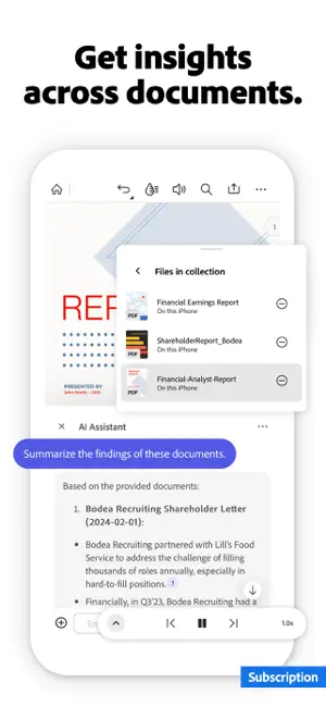 AI Assistant panel over a PDF with a list of three files in a collection and a prompt asking to summarise them, with a Subscription label in the corner