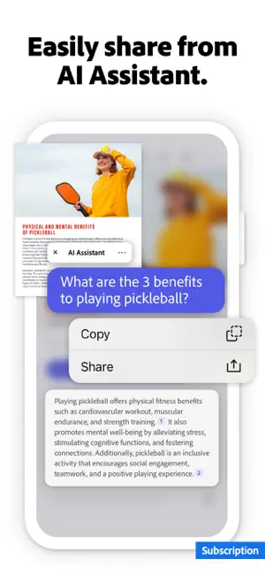 AI Assistant answer about pickleball benefits with a Copy and Share menu open over the reply and a Subscription label in the corner