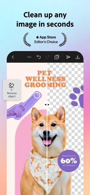 Remove object tool on a Pet Wellness Grooming flyer, split into a Shiba Inu original and a transparent-background half