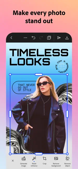 Timeless Looks fashion poster with a selected photo layer and Generate image, Crop and Remove background tools below
