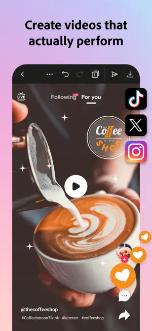 Latte-art video for a coffee shop previewed in a vertical For You feed with TikTok, X and Instagram icons