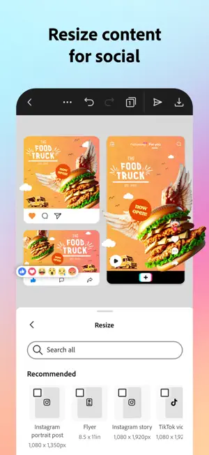 Resize panel turning a Food Truck ad into an Instagram portrait post at 1,080 x 1,350 px, a story and a TikTok video