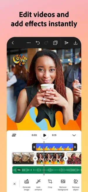 Video timeline with a 15-second clip, a music track and Generate image, Auto enhance and Remove background tools