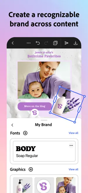 My Brand panel with a saved Body font and graphics beside a lavender Bathtime Favorites blog design