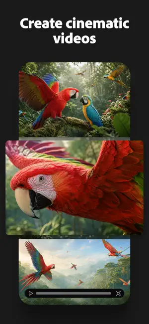 Three stacked frames of scarlet macaws in a rainforest under a headline about cinematic videos