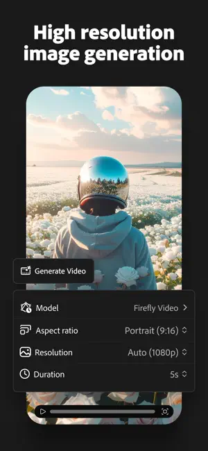 Generate Video panel set to Firefly Video, portrait 9:16, Auto 1080p and 5s duration over a field of white flowers