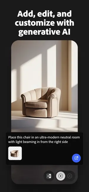 Prompt box asking to place an uploaded chair photo in a neutral modern room with light from the right, above a beige armchair