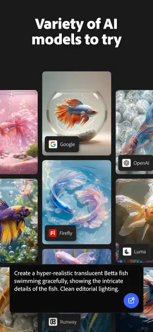 Grid of betta fish images tagged with Google, OpenAI, Firefly, Luma and Runway model labels above a prompt bar