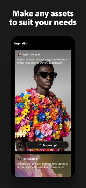 Inspiration feed card showing a portrait of a man in a flower-covered shirt with a Try prompt button