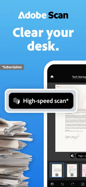 Adobe Scan promo beside a stack of papers with a High-speed scan badge marked as a subscription feature