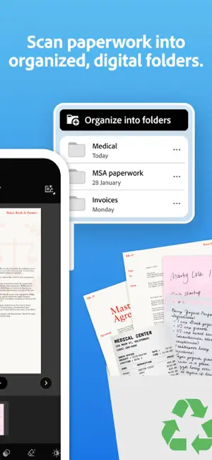 Organize into folders view with Medical, MSA paperwork and Invoices folders above scanned forms