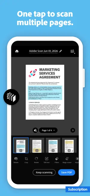 Page 1 of 4 of a Marketing Services Agreement scan with Crop, Edit text, Filters and Magic eraser tools and a Save PDF button