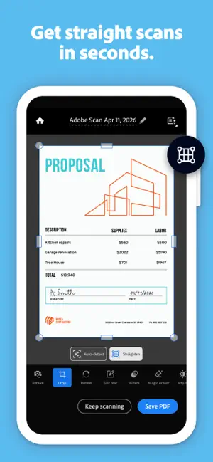 Crop view of a renovation proposal with corner handles and Auto-detect and Straighten buttons