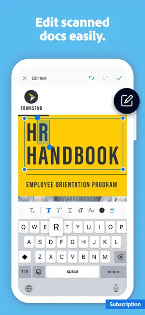 Edit text mode changing the HR Handbook title on a scanned cover, marked as a subscription feature