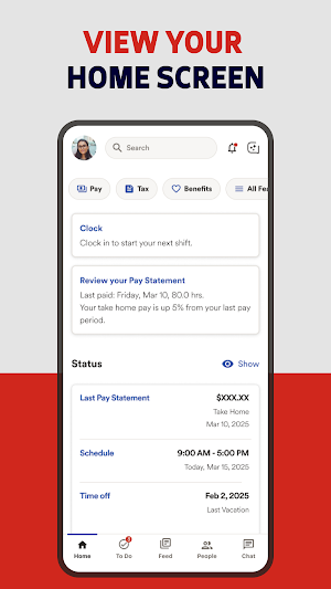 ADP Mobile home screen with Pay, Tax and Benefits shortcuts, a Clock card for the next shift, a pay statement reminder and Status showing schedule and time off