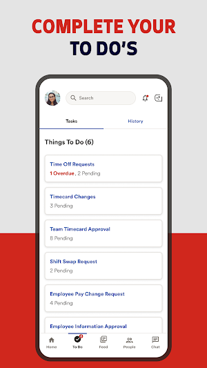 To Do tab listing six tasks for a manager: time off requests with one overdue, timecard changes, 8 pending team timecard approvals, shift swaps and pay change requests
