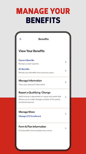 Benefits screen with Current Benefits and All Benefits from previous years, Manage Information, Report a Qualifying Change for dependents, Change LTD Enrollment and plan documents