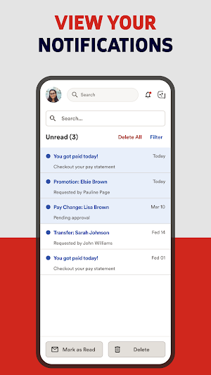 Notifications list with three unread alerts, including You got paid today with a link to the pay statement, a promotion request and a pay change pending approval