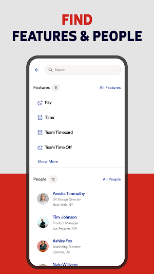 Search results splitting eight Features, such as Pay, Time, Team Timecard and Team Time Off, from a People directory of 12 colleagues with job titles and cities