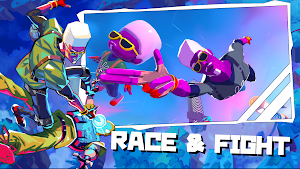 Three purple-skinned racers with pink goggles falling side by side — Race & Fight