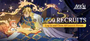 1,000 Recruits launch promo: log in to claim all launch heroes, with a blonde heroine aboard a golden ship
