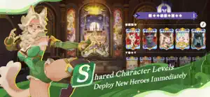 Shared Character Levels promo: a fox-eared heroine beside a row of hero cards in a gilded hall