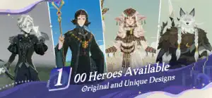 100 Heroes Available promo lining up four heroes in original designs under a purple sky