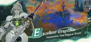 Excellent Graphics promo: a white-haired heroine with a sword above a vast magical landscape
