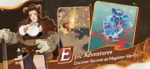 Epic Adventures promo: a heroine in a wide hat beside a map card, uncovering secrets as Merlin